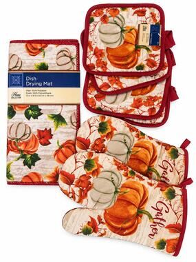 Home Collection Fall Pumpkin Kitchen Set 7pc Oven Mitts Pot Holders Drying Mat
